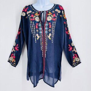 Johnny Was Tunic Size S in Navy with Embroidery 3/4 Sleeve Sheer Organza